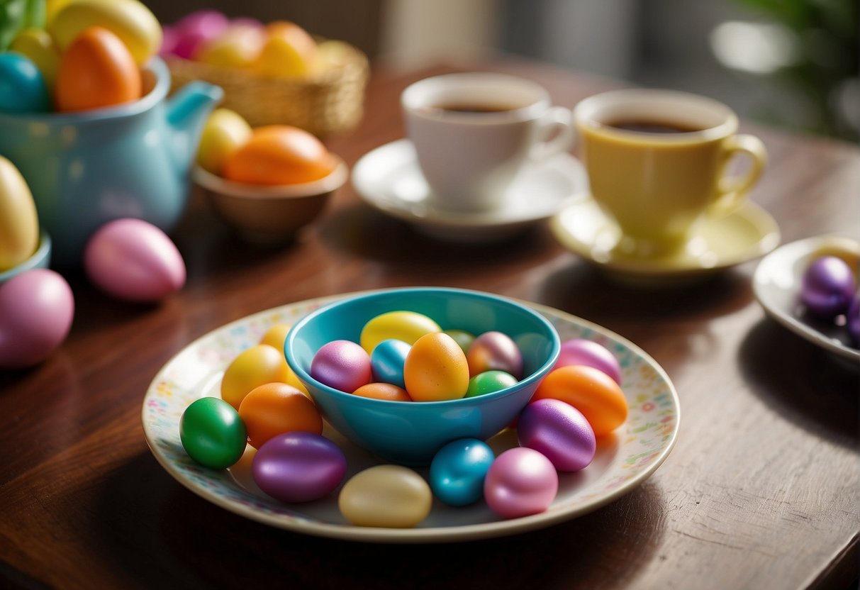A colorful table set with Easter-themed plates, cups, and napkins. A basket of decorated eggs sits in the center, surrounded by chocolate bunnies and colorful jelly beans