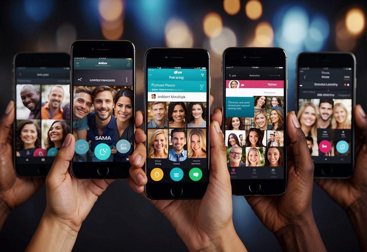 A group of people using evangelical dating apps, with a focus on the app interface and logo designs