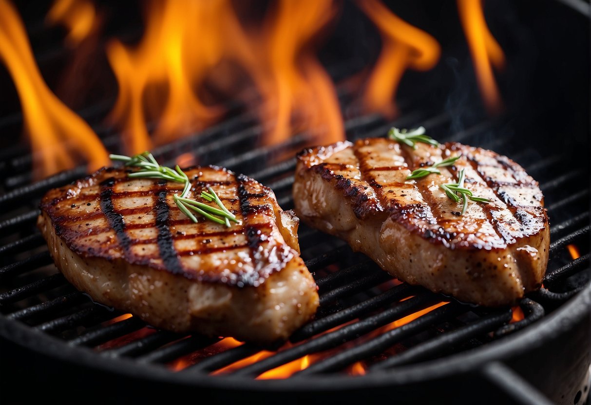 Pork chops sizzling on a hot grill at 400 degrees, with grill marks forming as they cook