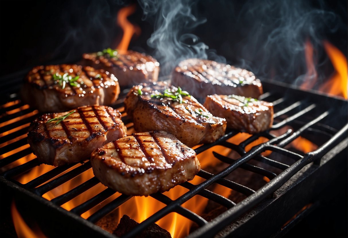 Pork chops sizzling on a hot grill, smoke rising as they cook at 400 degrees