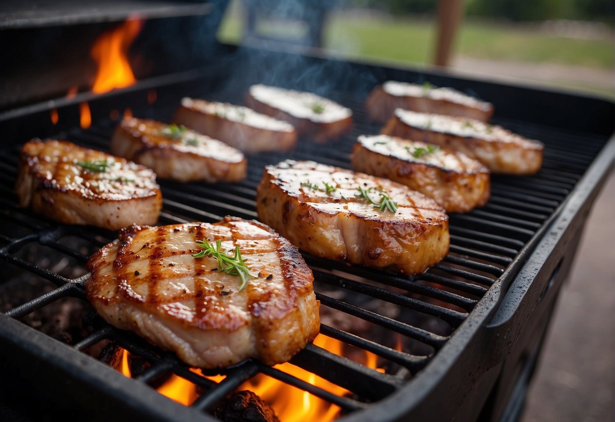 Pork chops sizzling on a hot grill at 400 degrees