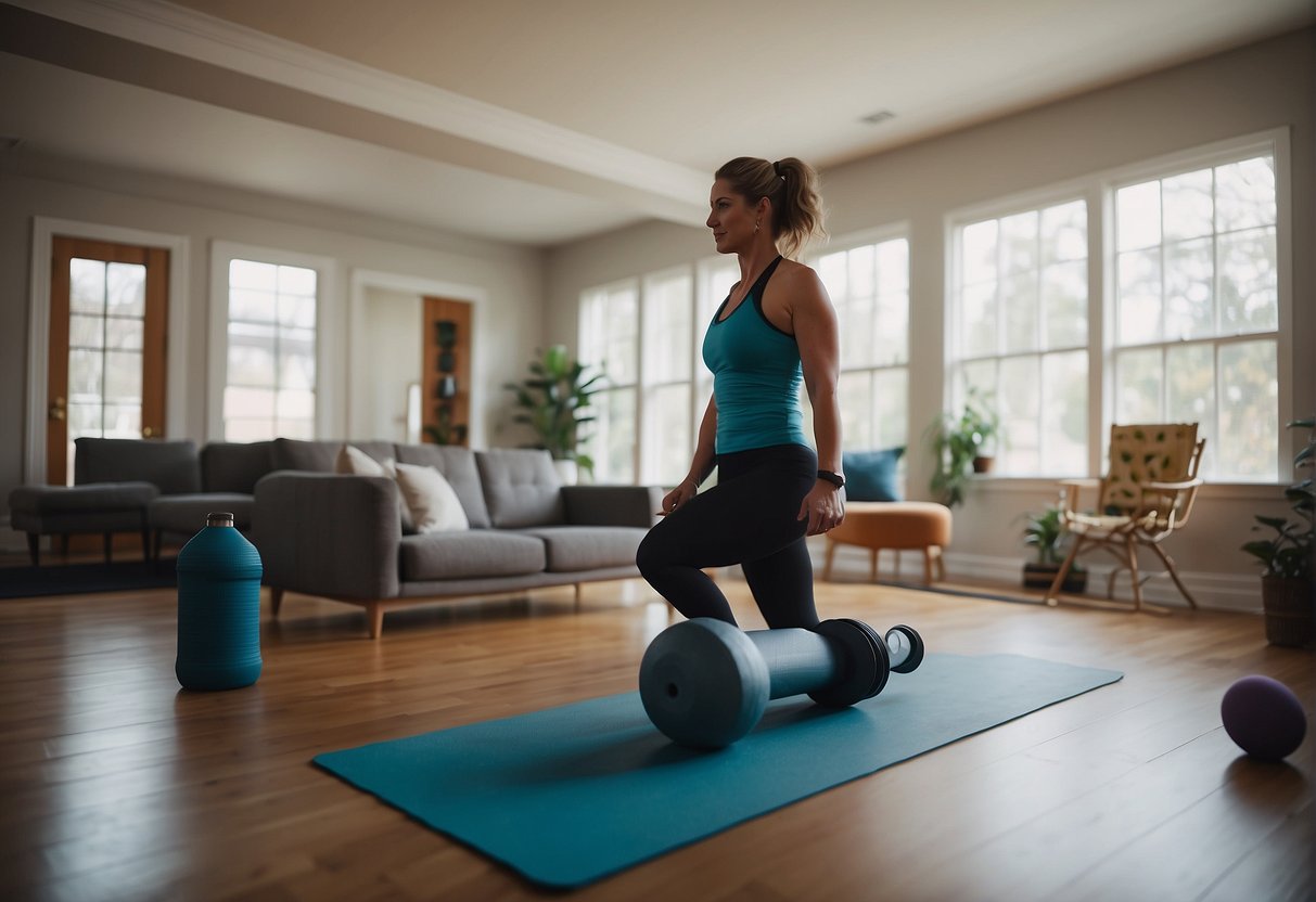 A living room with exercise equipment, a yoga mat, and a water bottle. A personal trainer guides a client through a workout
