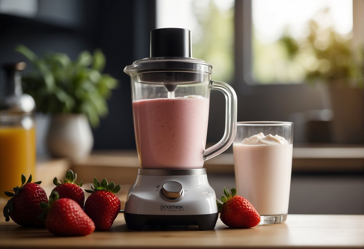 A blender filled with strawberries, yogurt, and ice. A bottle of honey and a scoop of protein powder nearby