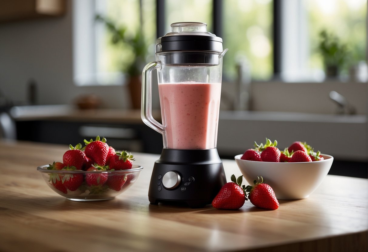 A blender filled with strawberries, bananas, yogurt, and ice. A bottle of strawberry syrup and a scoop of protein powder nearby