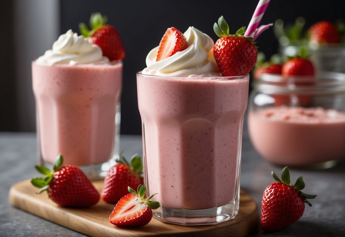 A vibrant pink strawberry smoothie swirls in a tall glass, topped with whipped cream and a fresh strawberry. The aroma of sweet strawberries fills the air