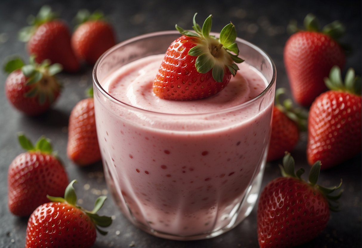 The blender whirs as strawberries, yogurt, and ice blend into a creamy pink mixture. Textures combine to form a smooth, consistent liquid