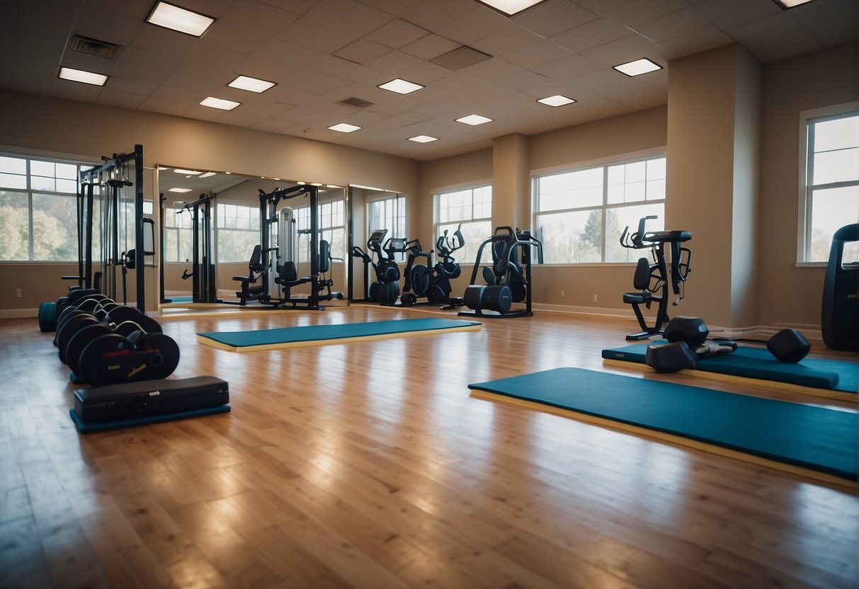 A spacious room with exercise equipment including dumbbells, resistance bands, yoga mat, and stability ball. A mirror and adequate lighting for workouts