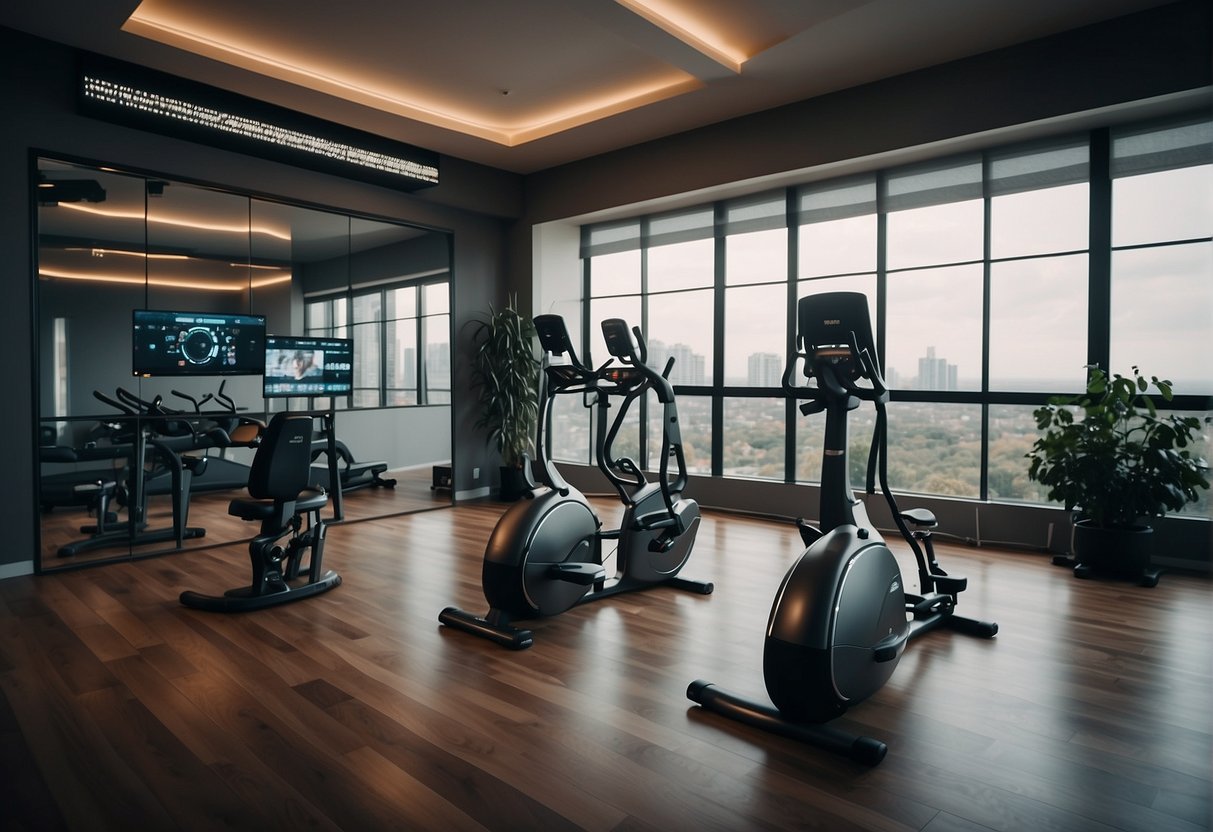 A futuristic home gym with virtual reality equipment and AI personal training software