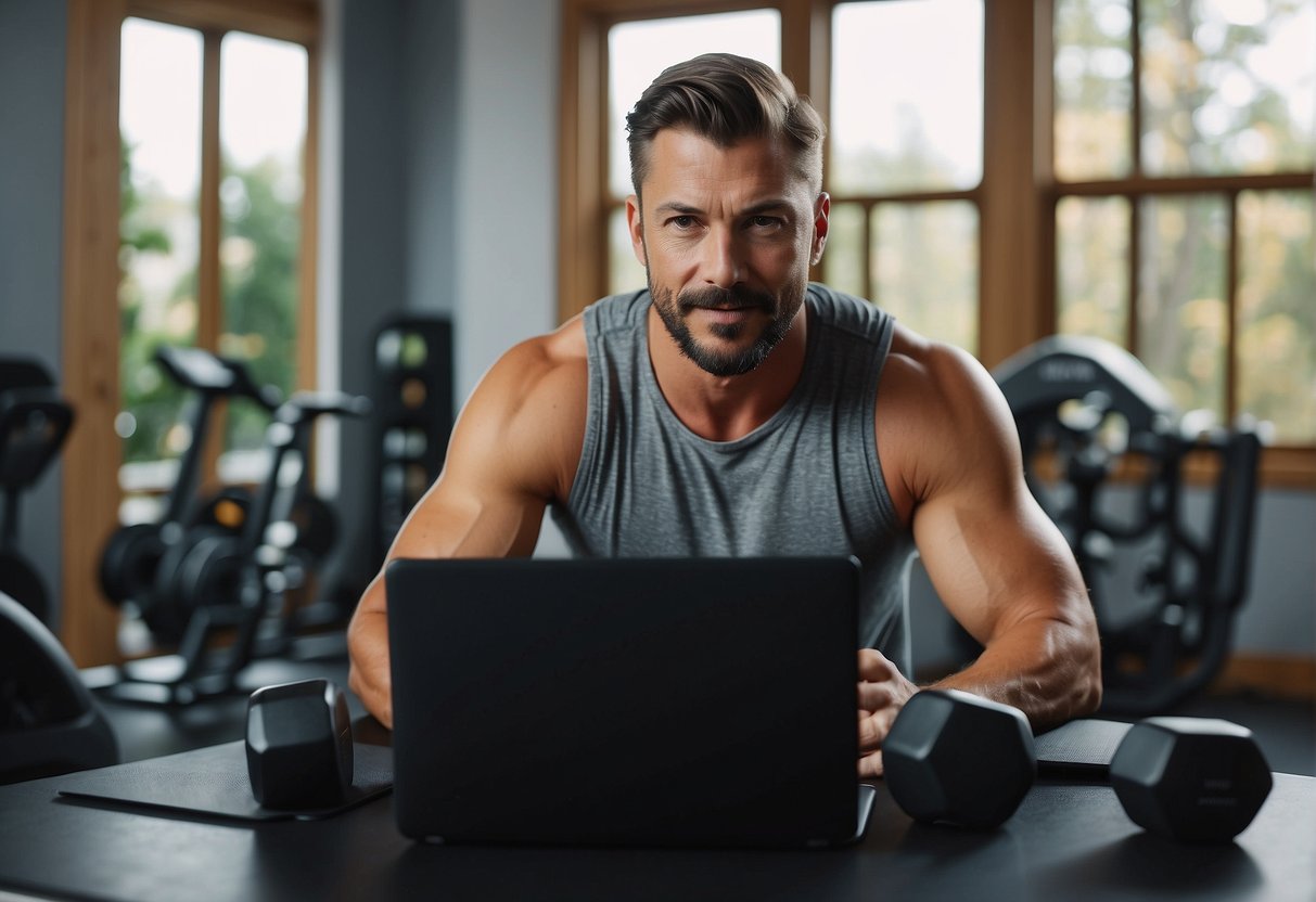 A home personal trainer answering FAQs with a laptop and workout equipment in the background