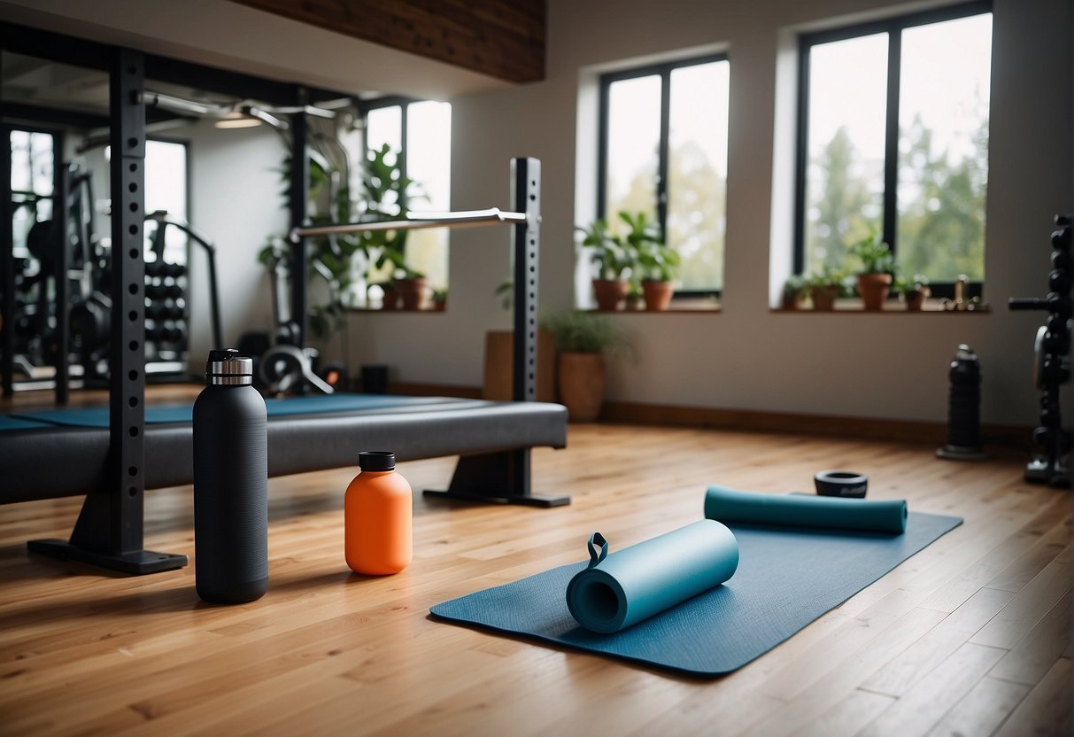 A home gym with equipment, yoga mat, and water bottle, ready for a personal trainer session