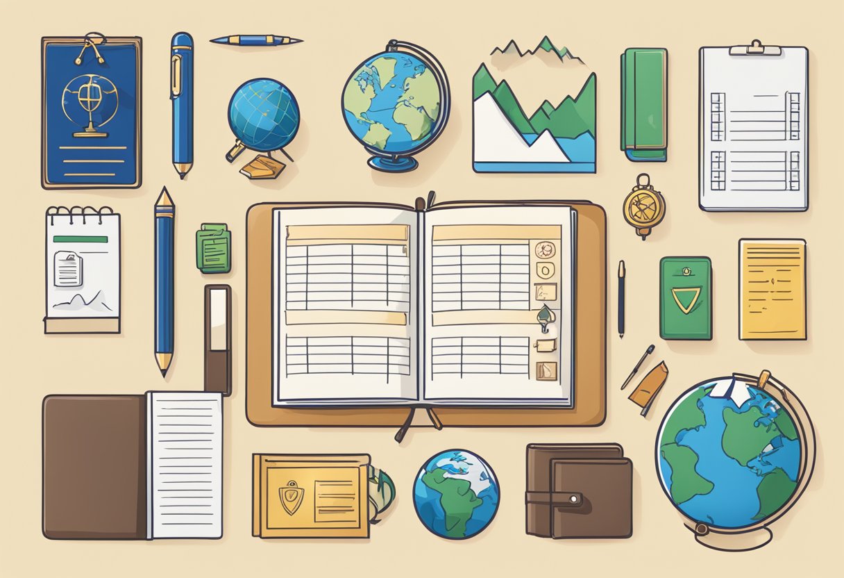 A checklist with 30 items, surrounded by symbols of achievement and adventure, such as a passport, a mountain peak, a diploma, and a globe
