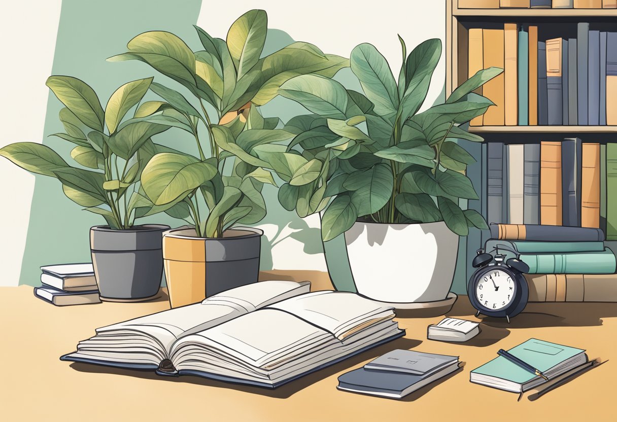 A potted plant reaching towards sunlight, surrounded by books, a journal, and a calendar with 30 items checked off