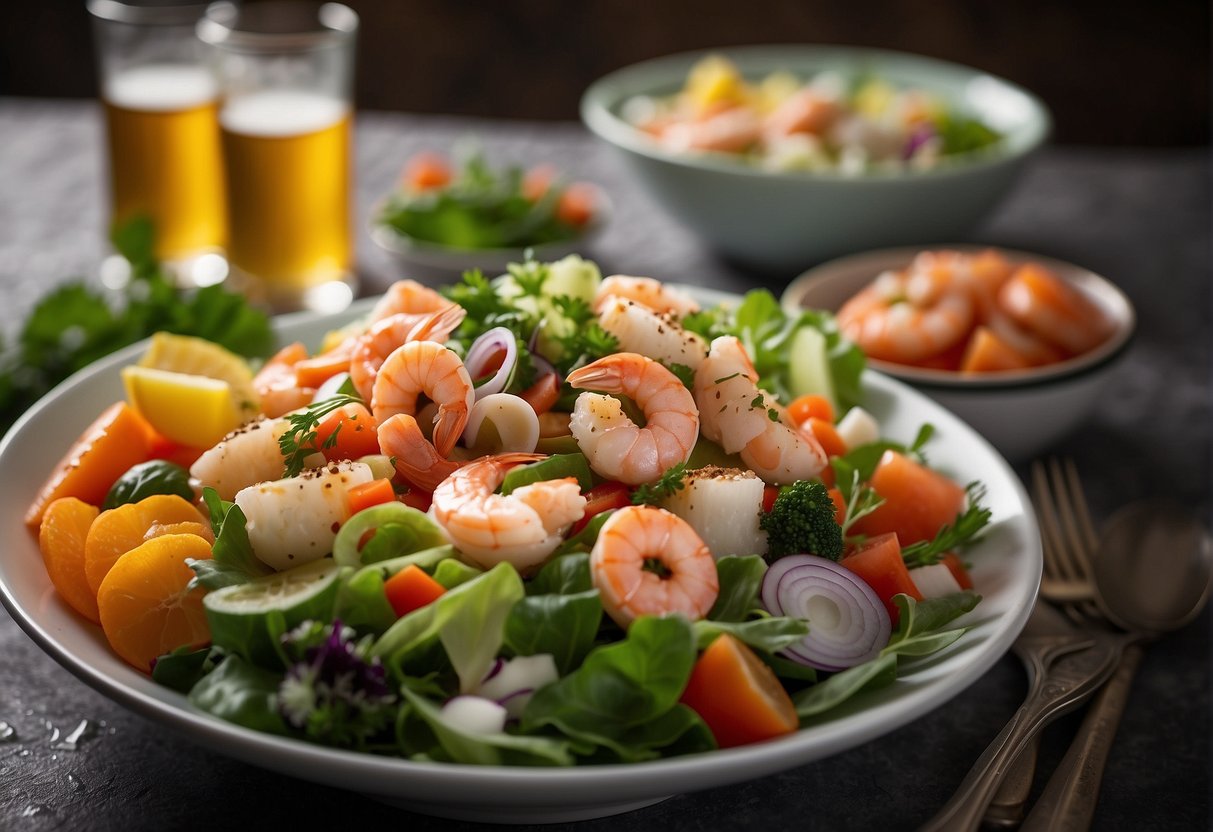 A bowl of seafood salad sits on a bed of ice, surrounded by various fresh seafood ingredients and a variety of colorful vegetables