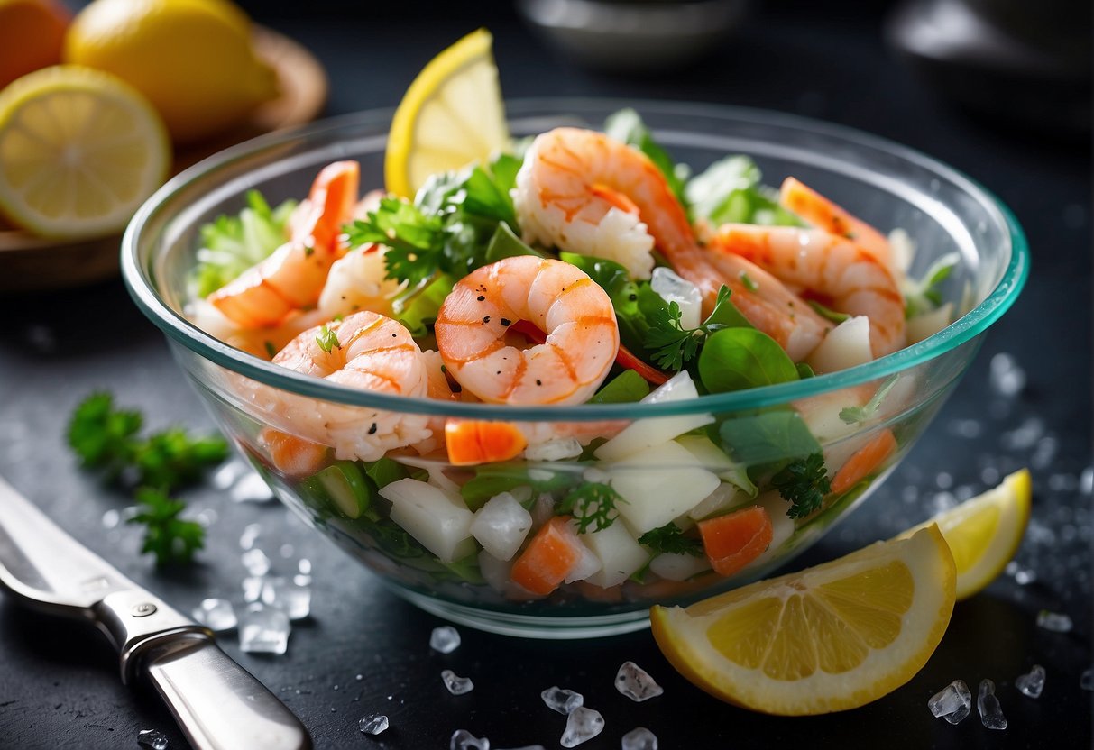 A bowl of frozen seafood salad sits on a kitchen counter, surrounded by melting ice. The vibrant colors of the seafood and vegetables begin to emerge as the salad thaws and rejuvenates