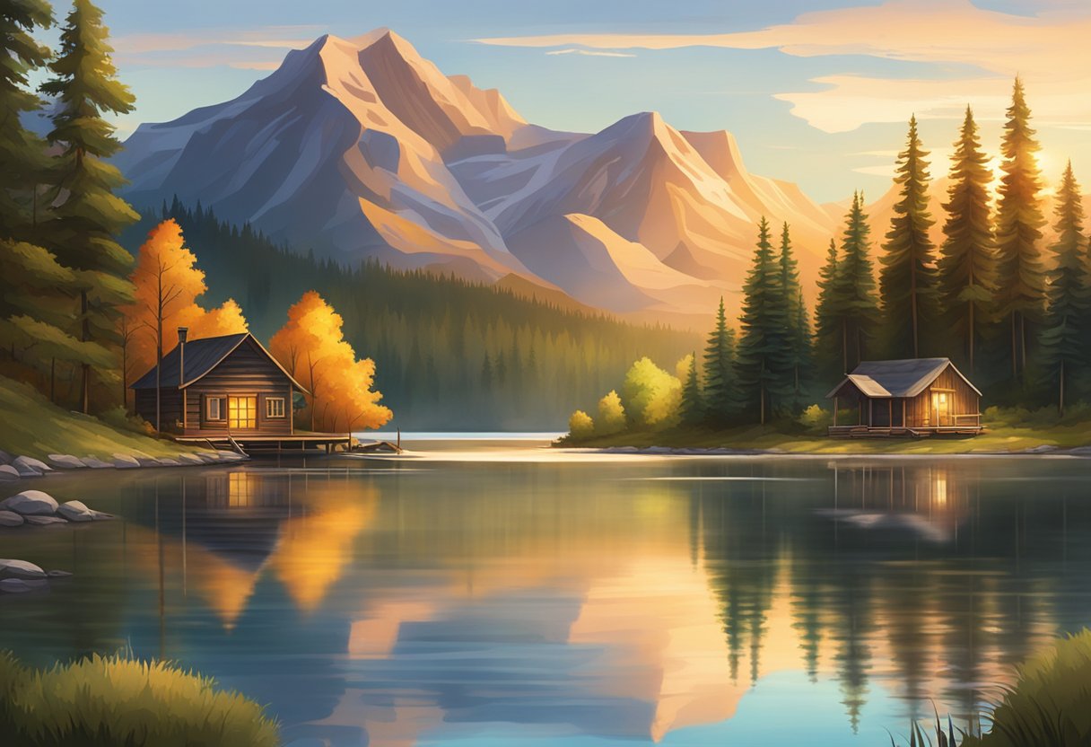 A serene lake surrounded by lush forests, with cozy, rustic cabins nestled along the shore. The sun sets behind the distant mountains, casting a warm glow over the tranquil scene