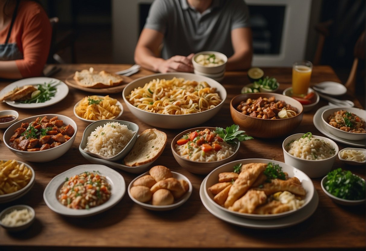 A table set with local Missouri dishes, surrounded by family members tasting and enjoying the delicious regional cuisine