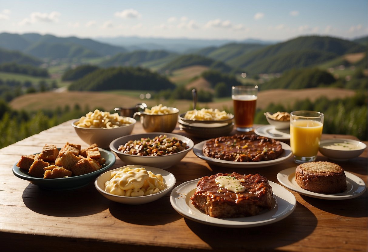 A table filled with local Missouri dishes, including BBQ ribs, toasted ravioli, and gooey butter cake. A backdrop of rolling hills and a quaint town adds to the charming atmosphere
