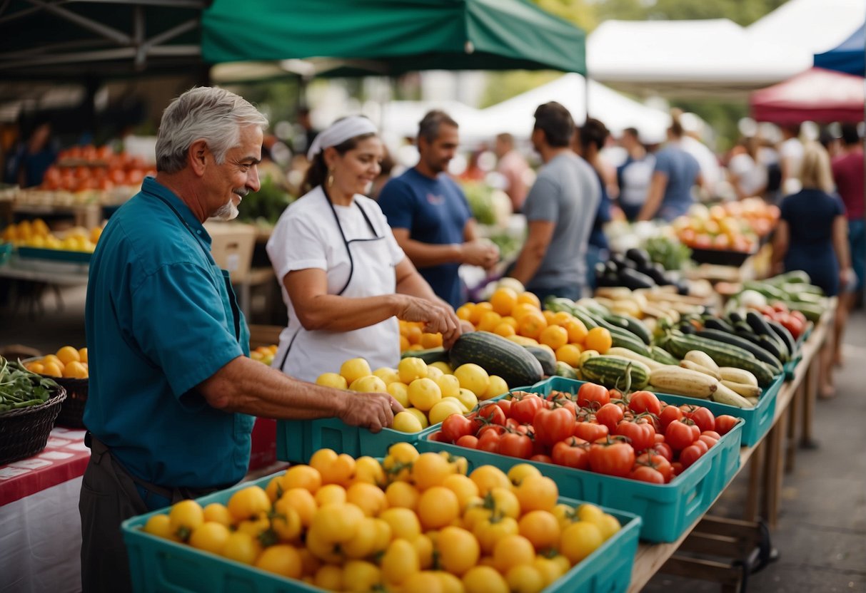 A bustling farmer's market with colorful produce, friendly vendors, and families sampling local delicacies. A chef demonstrates a cooking class for kids nearby