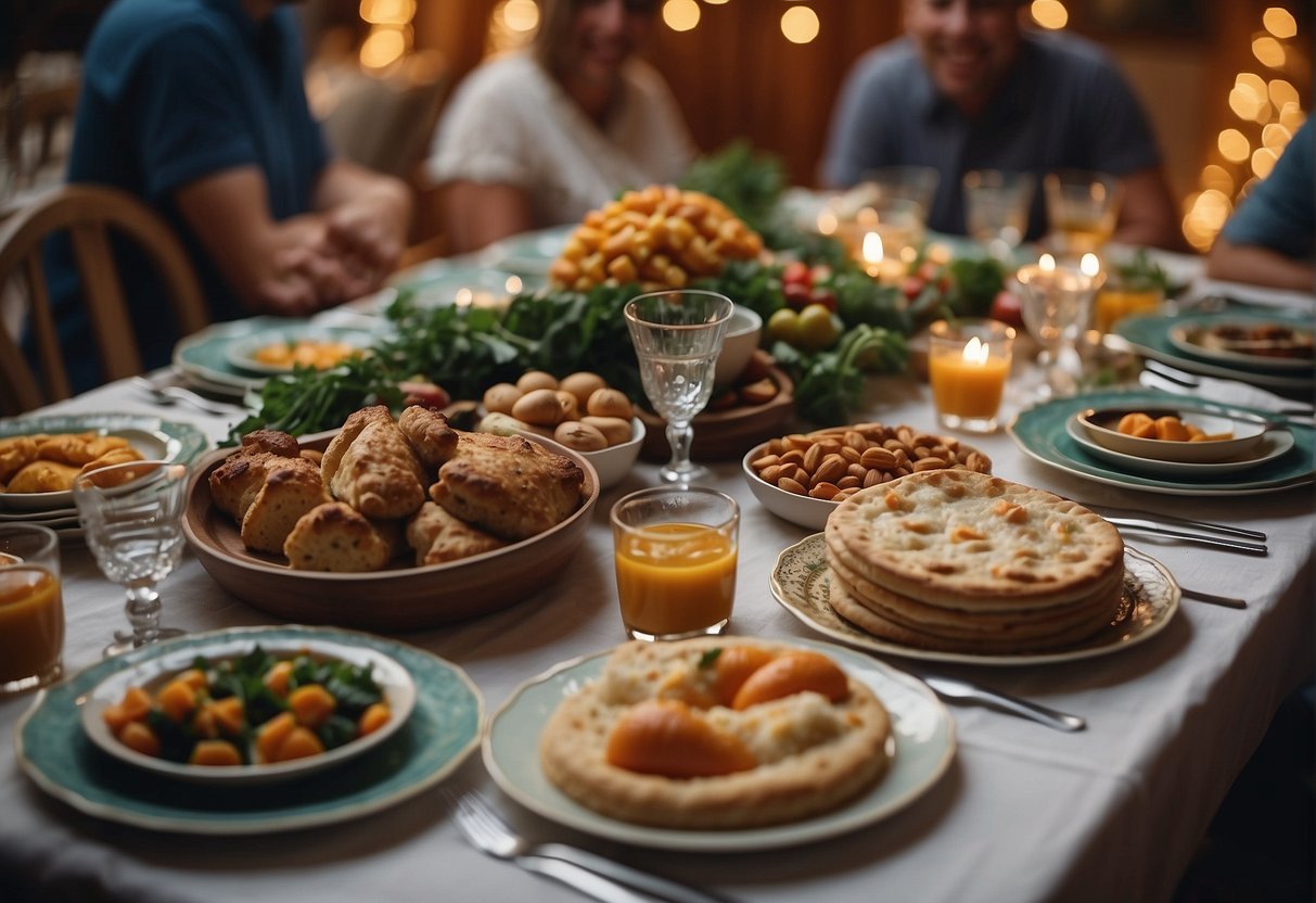 A festive table adorned with local Missouri delicacies, surrounded by joyful family members sharing traditional culinary customs and seasonal celebrations