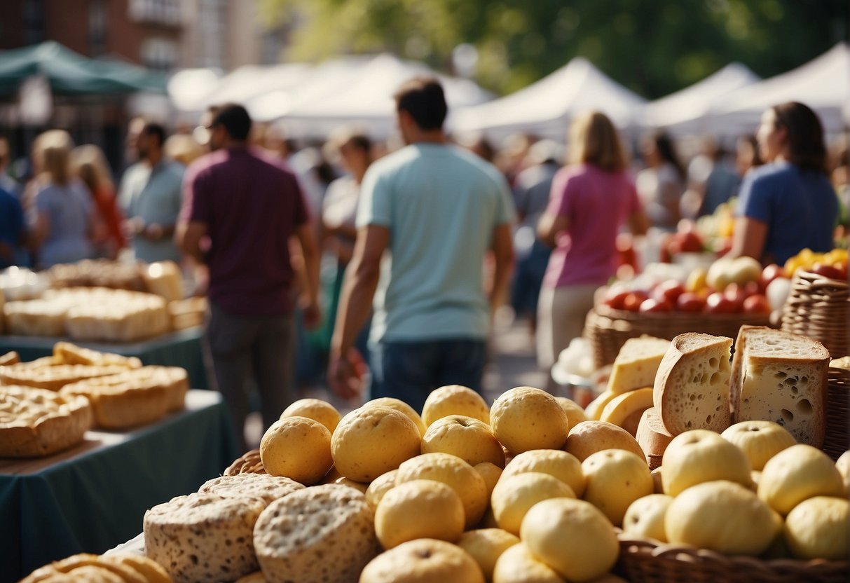 A bustling farmers' market with colorful stalls selling local produce, surrounded by families sampling artisanal cheeses and freshly baked goods