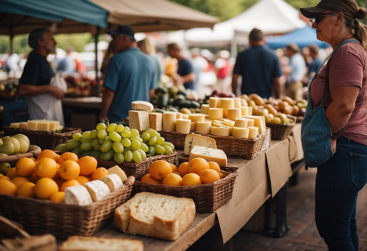 A bustling farmers' market with colorful stalls offering fresh produce, artisanal cheeses, and homemade jams. Locals browse and sample the best of Missouri's food scene