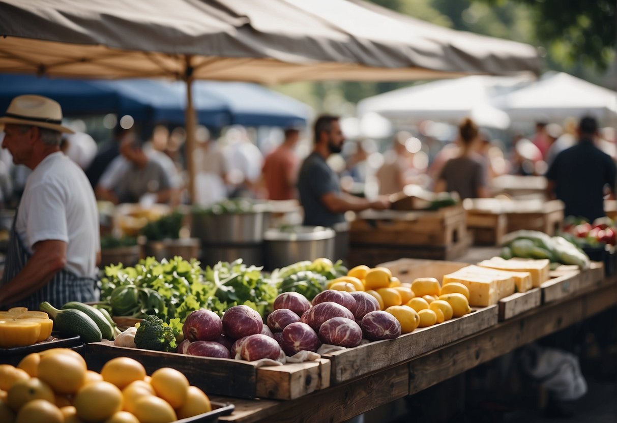 A bustling farmers' market with colorful stalls filled with fresh produce, artisanal cheeses, and local meats. Chefs cooking up farm-to-table dishes while diners enjoy outdoor seating