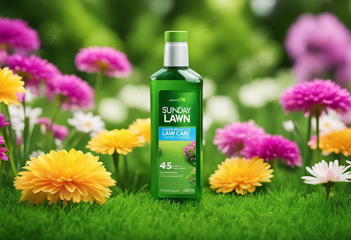 A lush green lawn with vibrant, healthy grass, surrounded by neatly trimmed edges and colorful flowers, with a bottle of Sunday Lawn Care product placed on the side