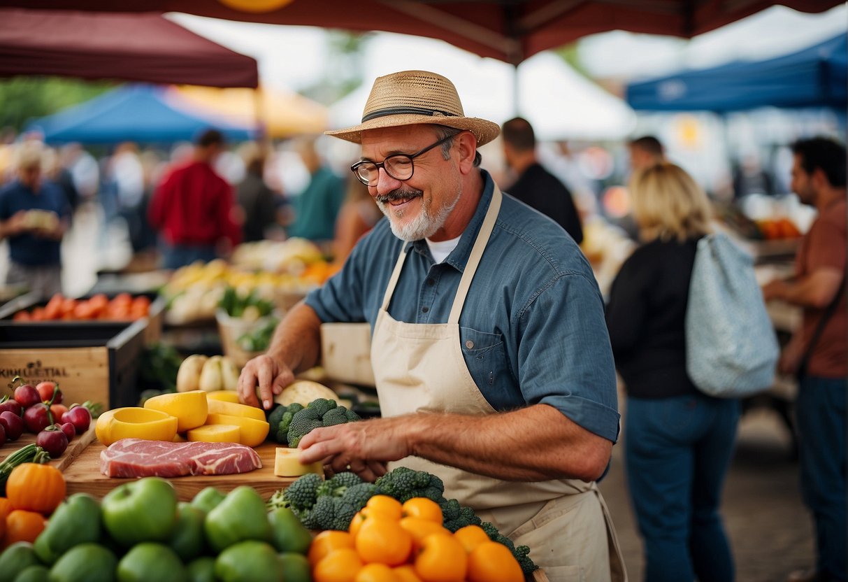 A bustling farmer's market with colorful stalls showcasing fresh produce, artisanal cheeses, and locally sourced meats. A chef prepares a dish using Missouri's signature ingredients, while patrons eagerly sample the diverse culinary offerings