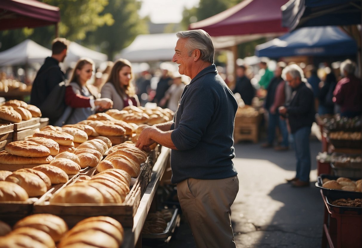 A bustling farmer's market with colorful stalls filled with freshly baked pies, pastries, and bread. Customers sample and purchase treats while chatting with local bakers