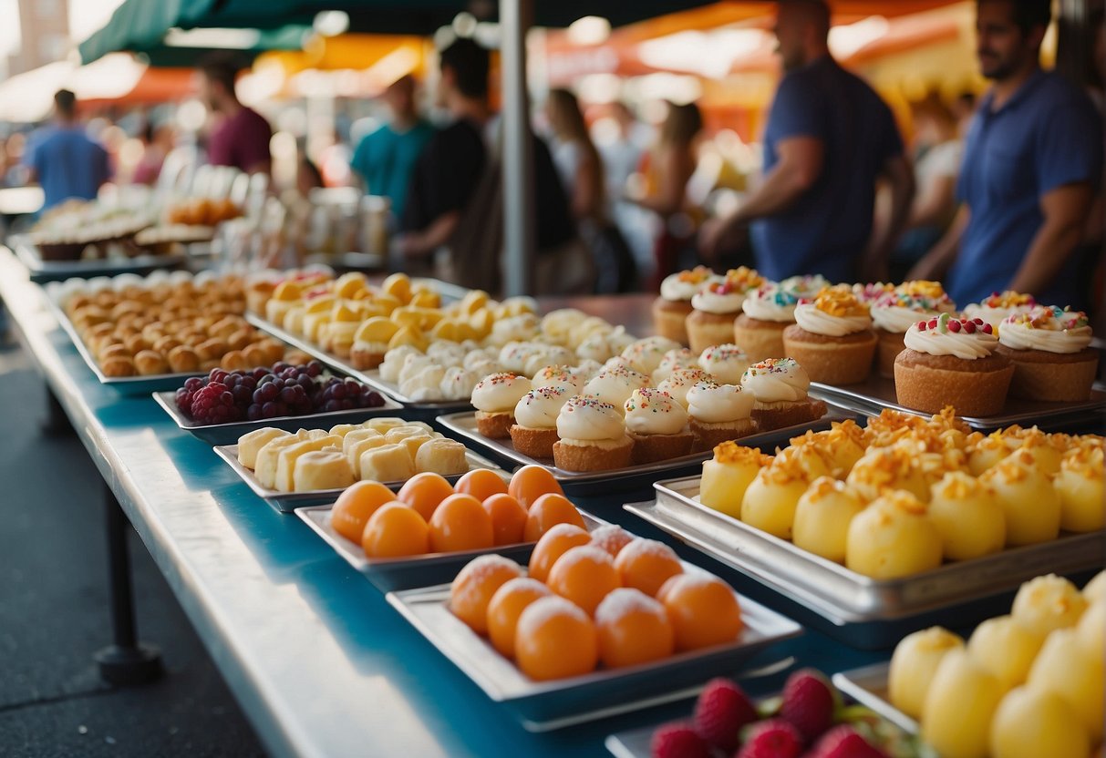 A table filled with colorful desserts and floats from Missouri, surrounded by bustling local food vendors and excited customers