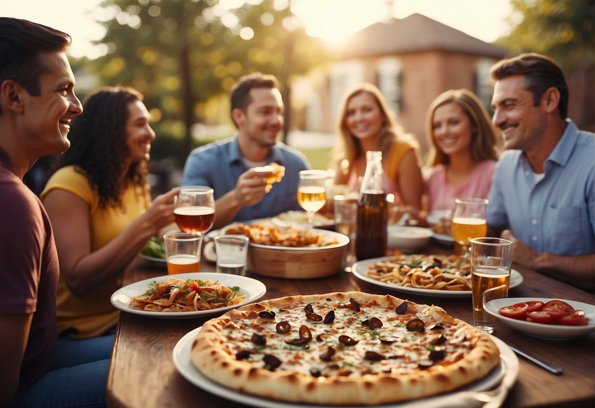 A table set with St. Louis-style pizza and Kansas City BBQ, surrounded by a diverse array of family members enjoying the regional cuisine