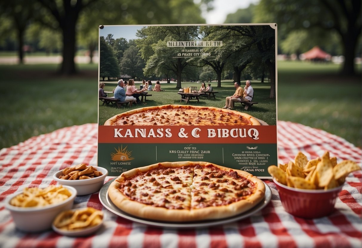 A family picnic in a park with a spread of St. Louis pizza and Kansas City BBQ. A sign in the background reads "Kansas City's BBQ Heritage."