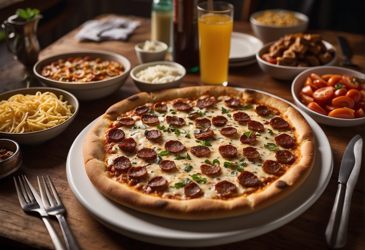 A table set with St. Louis-style pizza and Kansas City BBQ, surrounded by local decor and utensils