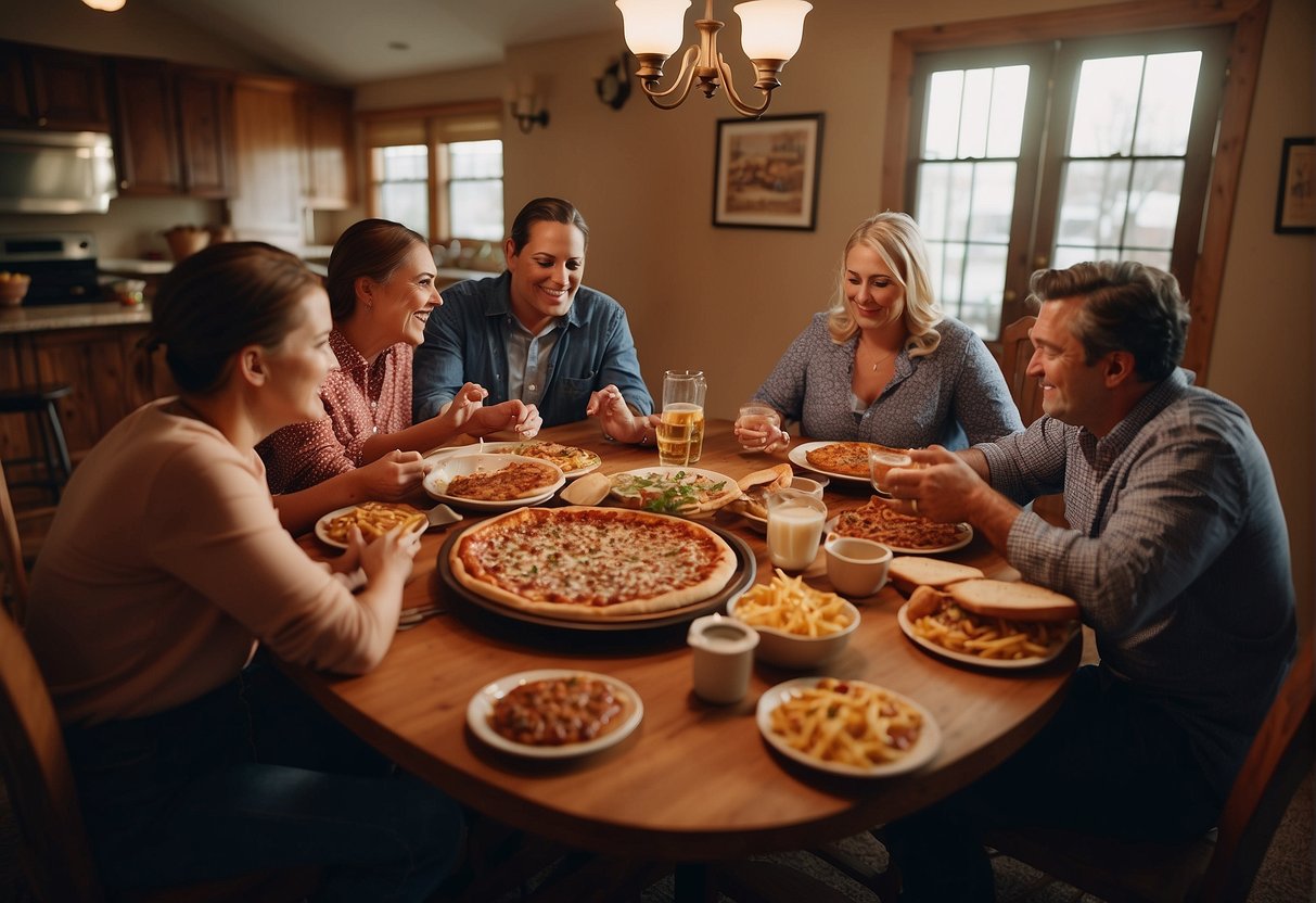 A table set with St. Louis-style pizza and Kansas City BBQ, surrounded by family members enjoying a meal together in a cozy Missouri kitchen