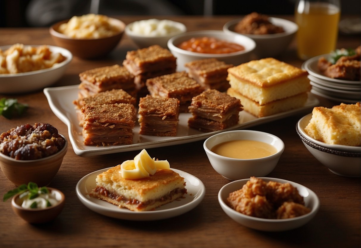 A spread of local Missouri foods on a plate, including barbecue, toasted ravioli, and gooey butter cake, with family members gathered around the table