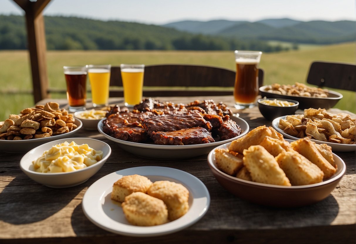 A table spread with Missouri's local delicacies: BBQ ribs, toasted ravioli, gooey butter cake, and fried catfish, surrounded by rolling hills and a rustic barn