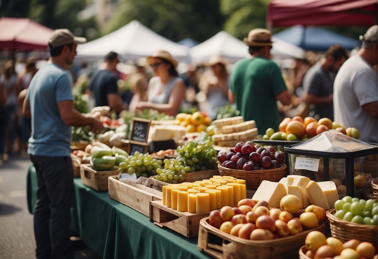 A bustling farmers' market, with colorful stalls filled with fresh produce and local delicacies. Families sample cheeses, meats, and baked goods while chatting with friendly vendors