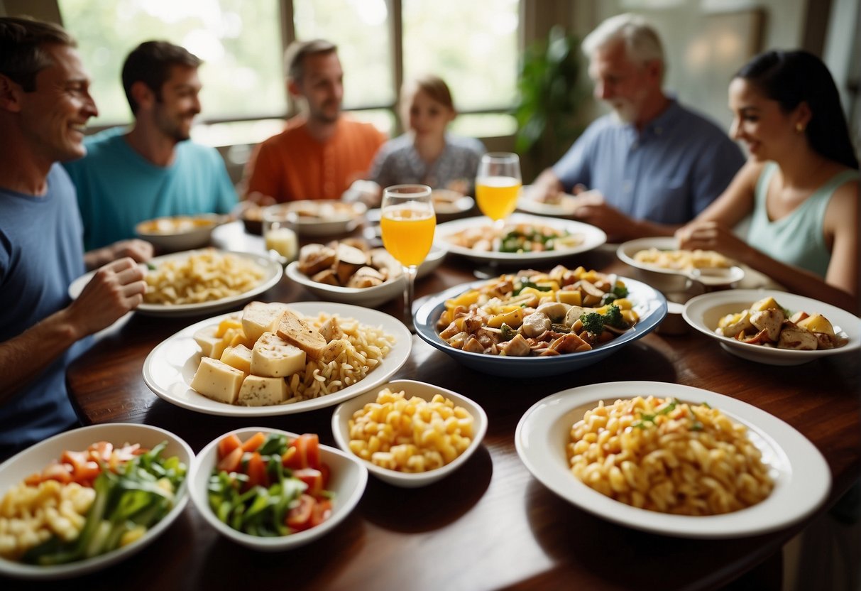 A table set with a variety of Missouri foods, surrounded by a family enjoying a meal together, with smiles and conversation