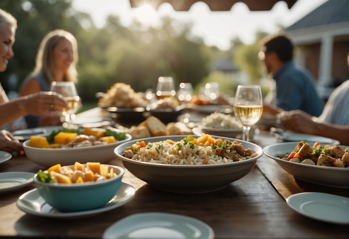 A table set with a variety of local Missouri dishes, surrounded by family members enjoying a meal together