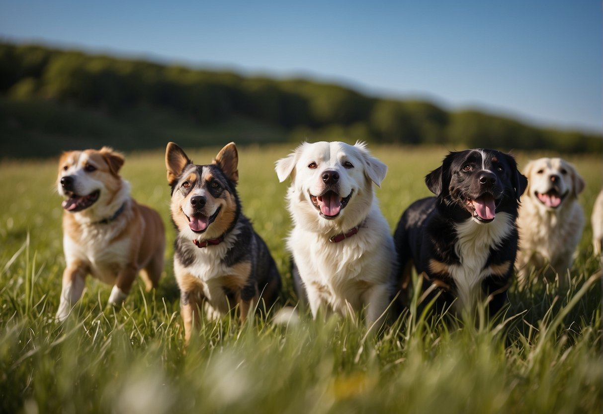 Several happy pets, such as dogs and cats, play and roam freely in a grassy field under a clear blue sky