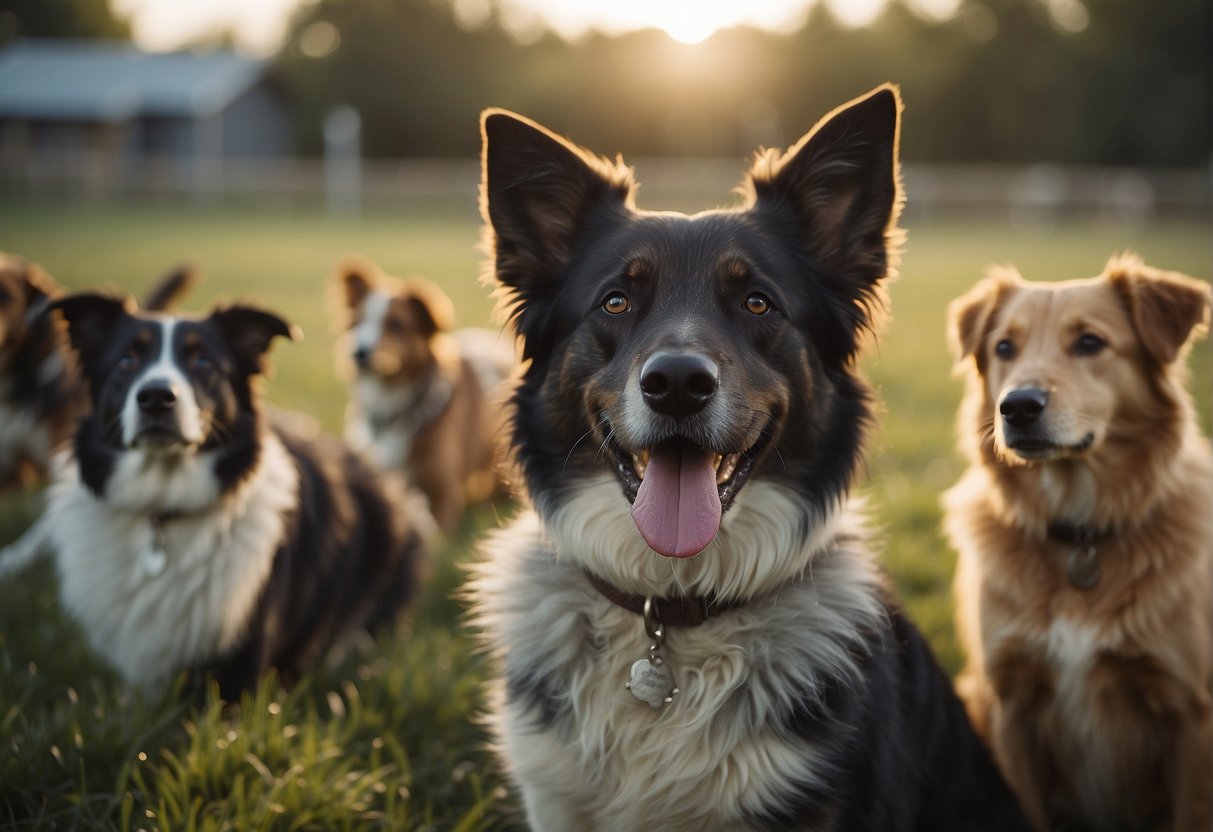 A herding dog watches over a group of well-behaved pets in a spacious, fenced-in area