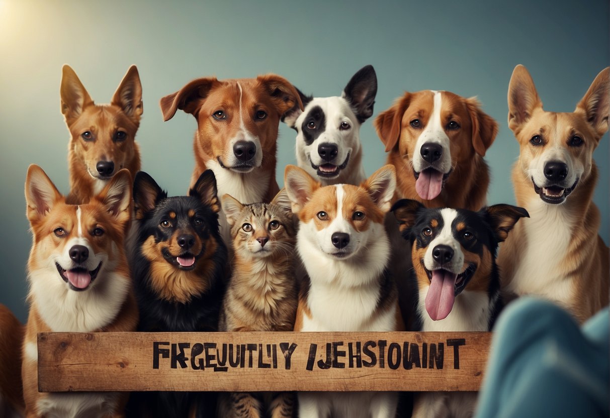 A group of animals gather around a sign that reads "Frequently Asked Questions: Are herds good pets?" with curious expressions on their faces