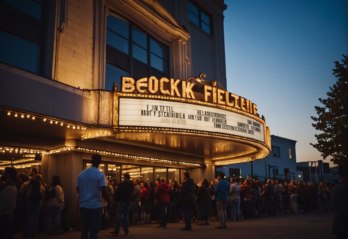 A colorful theater marquee shines brightly against the evening sky, beckoning families to a night of entertainment. A crowd of excited children and parents gathers outside the venue, eagerly anticipating the upcoming performance