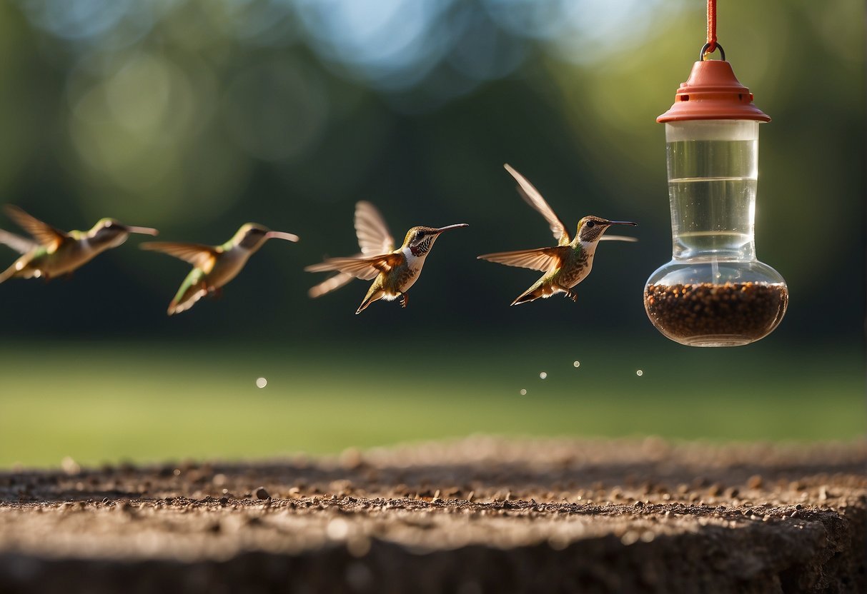 A line of ants approaches a hummingbird feeder, but is deterred by a moat filled with water surrounding the feeder