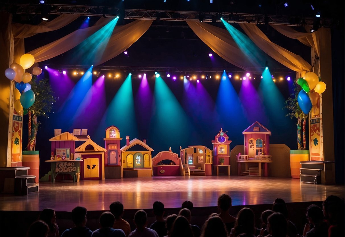 A colorful stage set with bright lights and playful props, showcasing a lively and engaging family-friendly performance in Missouri
