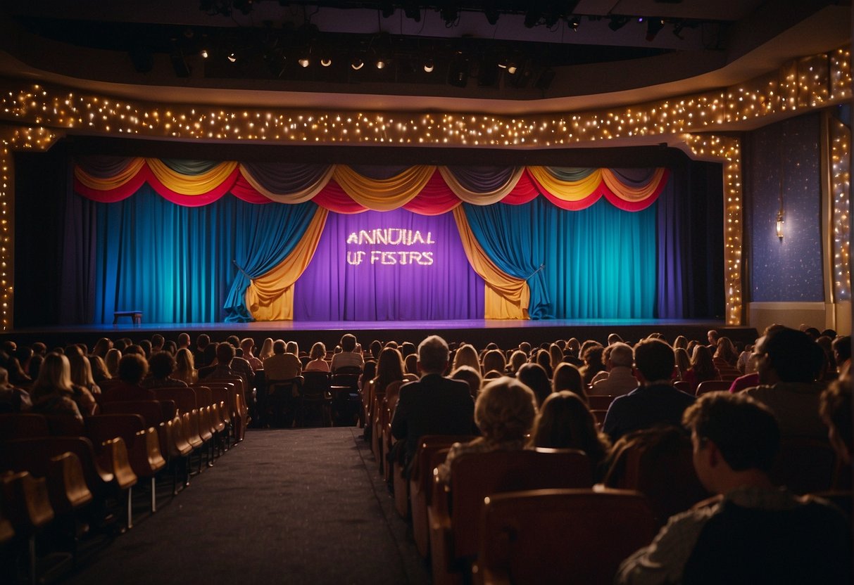 A colorful stage with vibrant lights, a grand curtain, and a marquee displaying "Annual Events and Festivals Curtain Up: Guide to Family-Friendly Theater and Performances in Missouri."