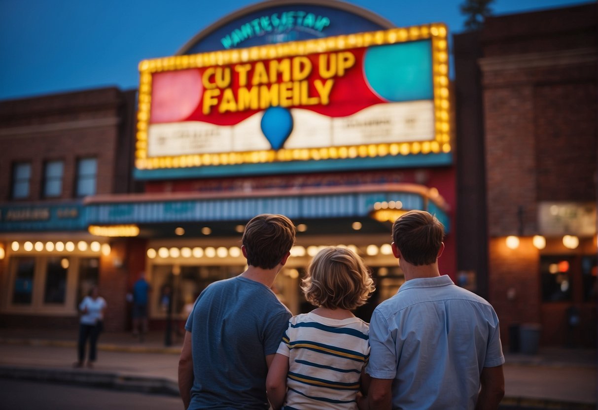 A family stands in front of a theater, looking at a colorful marquee with the words "Curtain Up: Guide to Family-Friendly Theater and Performances in Missouri" displayed. They hold tickets and a map, planning their visit