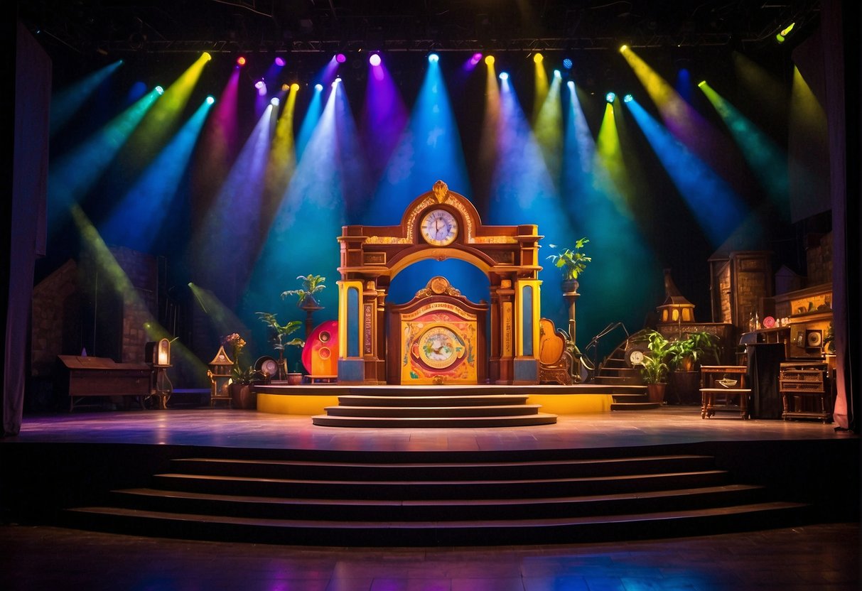 A colorful stage with vibrant props and set pieces, showcasing a diverse range of cultural influences. The spotlight illuminates the scene, highlighting the impact of local talent on the Missouri theater scene