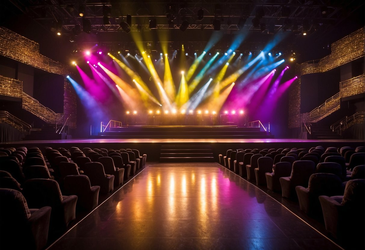 Colorful stage set with props and backdrops. Bright lights shining down on the empty stage. Audience seats filled with eager families