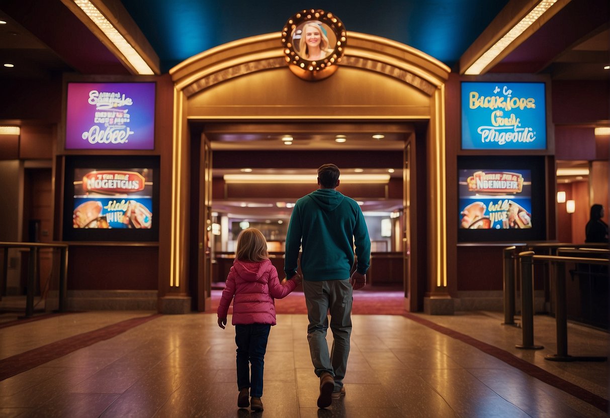 A family enters a theater in Missouri, greeted by colorful posters and a bustling lobby. The stage is set with vibrant props and backdrops, ready for a lively and entertaining performance